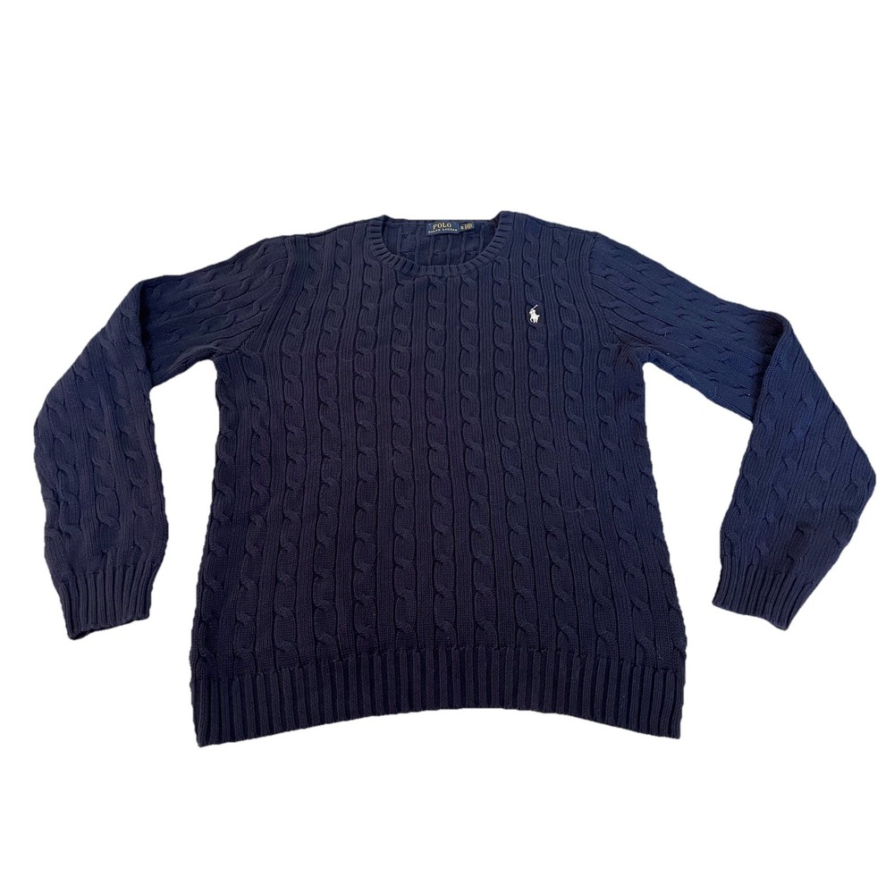 Polo Ralph Lauren Blue Cable Knit Sweater Mens L/XL Jumper Pullover Crewneck